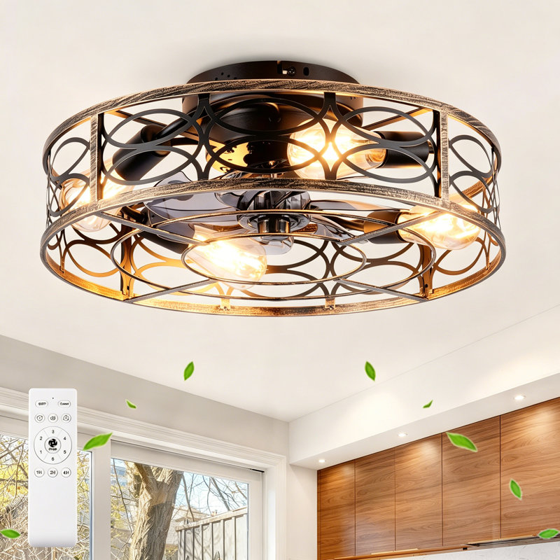 20" Flush Mount Caged Ceiling Fans With Lights And Remote, Black/Gold
