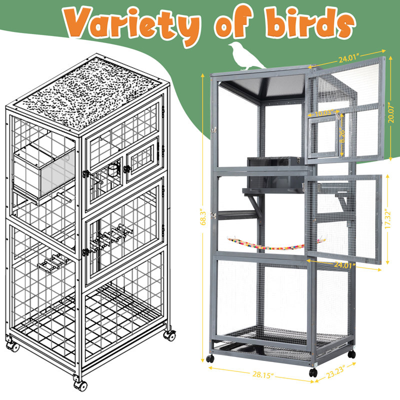 Cage à oiseaux en bois avec roues universelles - gris, un animal de compagnie sûr et heureux