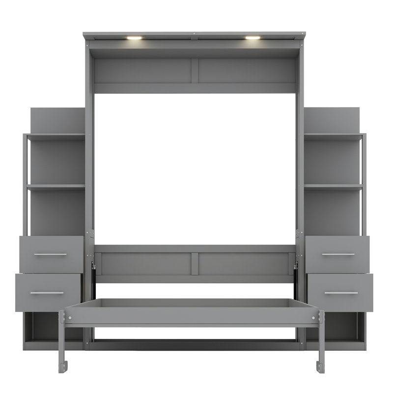 Lit escamotable mural Murphy avec tablettes, tiroirs et lumières DEL, Gris