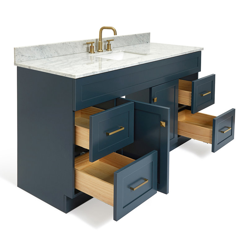 Partham 61'' Single Bathroom Vanity with Carrara Marble Top, Midnight Blue