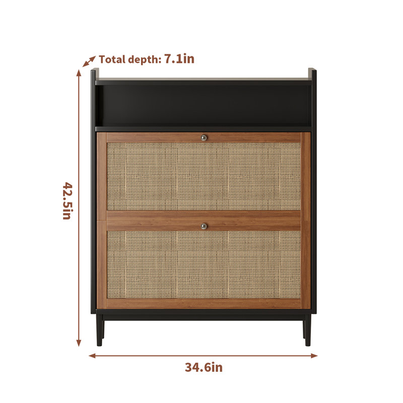 Simple Solid Wood and Rattan Narrow Shoe Cabinet