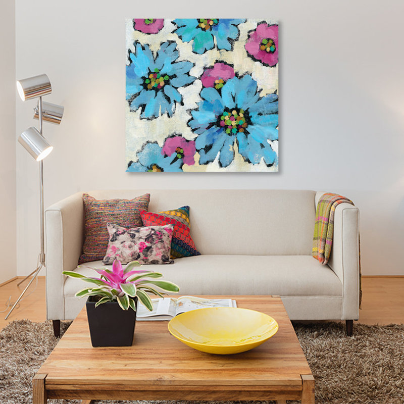 «Graphic Pink and Blue Floral II», reproduction d'art sur toile, H 48 po x l 48 po x P 1,5 po, Pas de tapis, Toile tendue