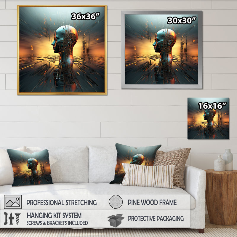 «AI Robot Dreams Of Singularity» sur impression sur toile, H 16 po x l 16 po x P 1 po, Cadre doré à une seule photo