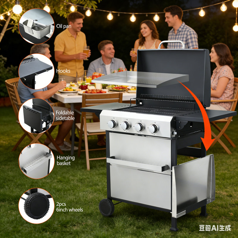 4-burner Propane Gas Grill, Easy-clean Grease Management
