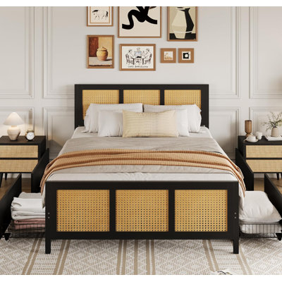 Bed Frame with LED Headboard (7 Colors), Boho Platform Bed with 4 Large Drawers, Strong Slats Support, Noise Free, No Box Spring Needed, Easy Assembly