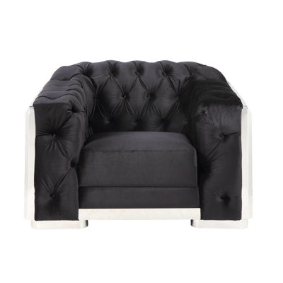 s Black Velvet And Finish Chair With Full Foam Seat Configuration, Wooden Inner Framework, Kd Leg Arrangement, Loose Tight Back Cushioning, Accent Pillows Inclusion, Metal Trim Decoration, Removable