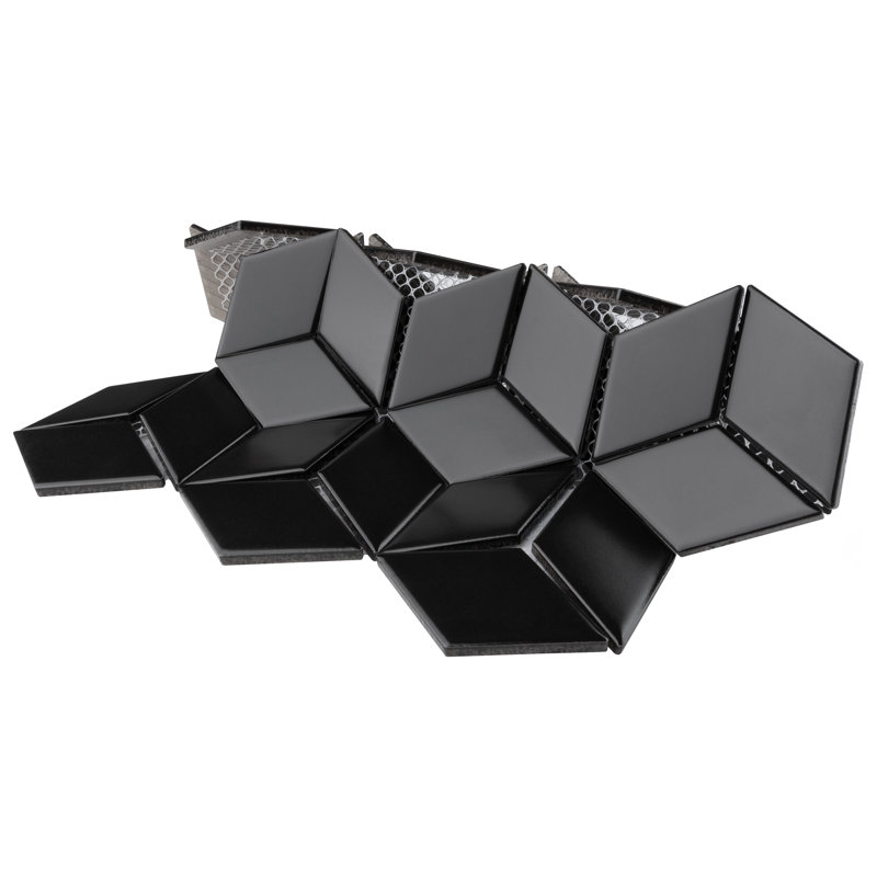 Metro Rhombus 10-1/2 " x 12-1/8 " Porcelain Mosaic Floor & Wall Tile, Matte Black