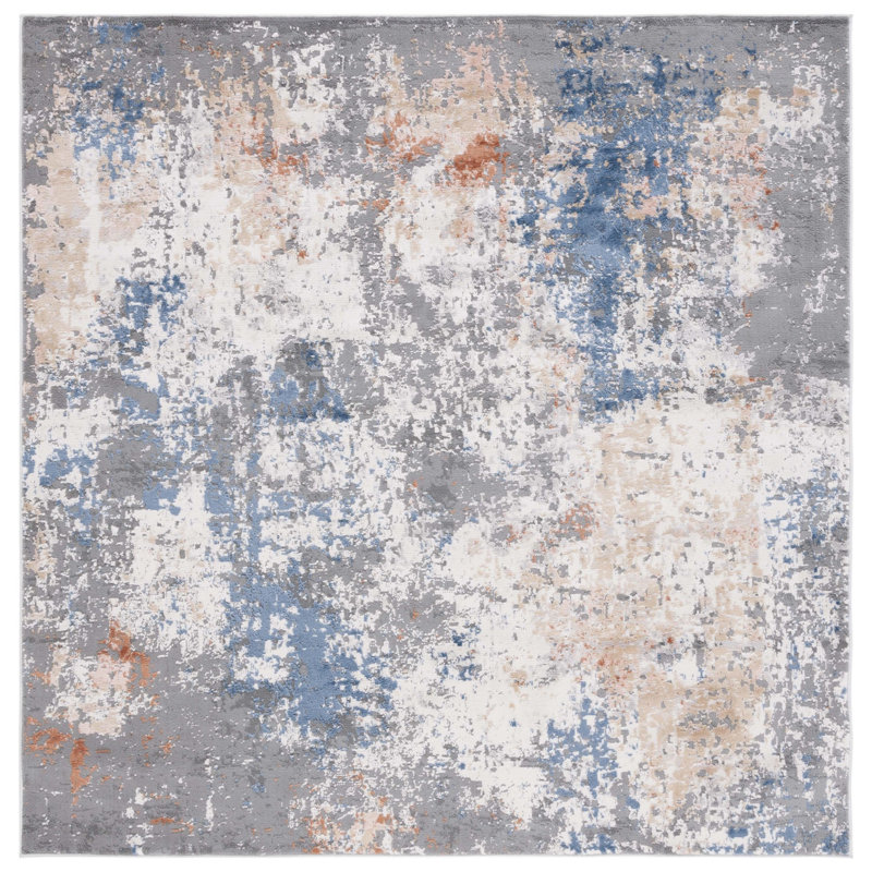 Tapis gris / bleu en polypropylène tissé à la machine Chandlor, Carré 6 pi 7 po