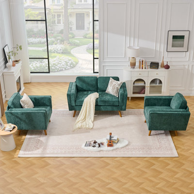 Mid-Century Modern 3-Piece Living Room Set, Loveseat & 2 Accent Chairs, Neutral Beige Upholstery With Tapered Wood Legs