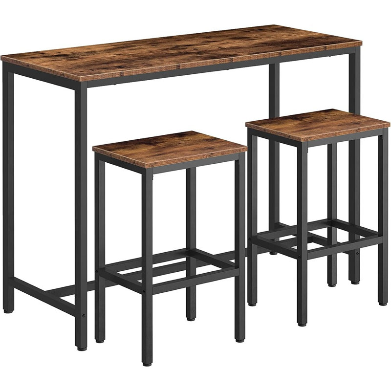 Ensemble de table de bar et de chaises, table de pub rectangulaire de 47,2 po avec 2 tabourets pour petits espaces, table haute, ensemble de tabourets de petit-déjeuner 3 pièces, structure en métal robuste, brun rustique facile à assembler