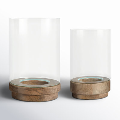 Sagebrook Home Iron and Glass Candle Holders on Mango Wood Base - Elegant Home Decor Essentials for Serenity