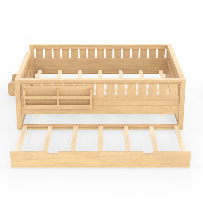 Queenueen avec bibliothèque intégrée et petit escalier, rails de sécurité de haute qualité et lit gigogne, naturel clair