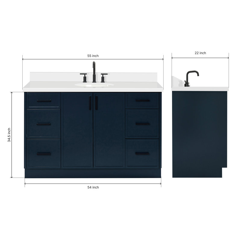 ARIEL Kelly 60 Single Sink Bathroom Vanity with Carrara Quartz Top, Rectangular, Midnight Blue, 55"