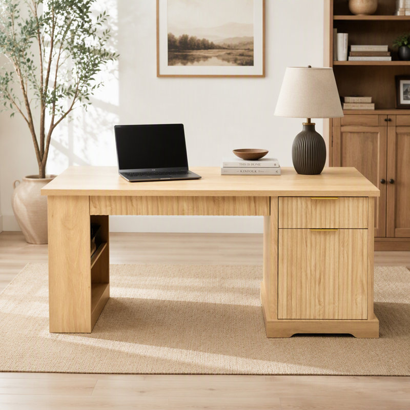 Bureau cannelé moderne avec armoire de rangement et tiroirs, bureau d'écriture pour ordinateur avec prise de courant, panneau perforé, tablettes intégrées et plateau à clavier pour bureau, salon, bureau à domicile