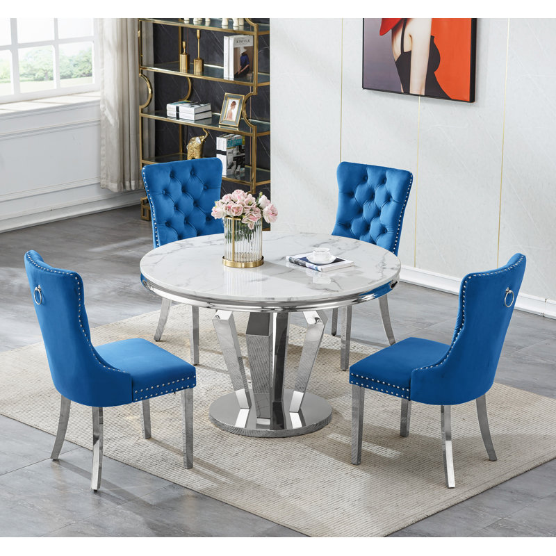 Round Dining Table Set, White Faux Marble Dining Table & Velvet Chairs with Stainless Steel Pedestal, 44.88" Dining Room Table and Chairs Set,  Circle Dining Table Set