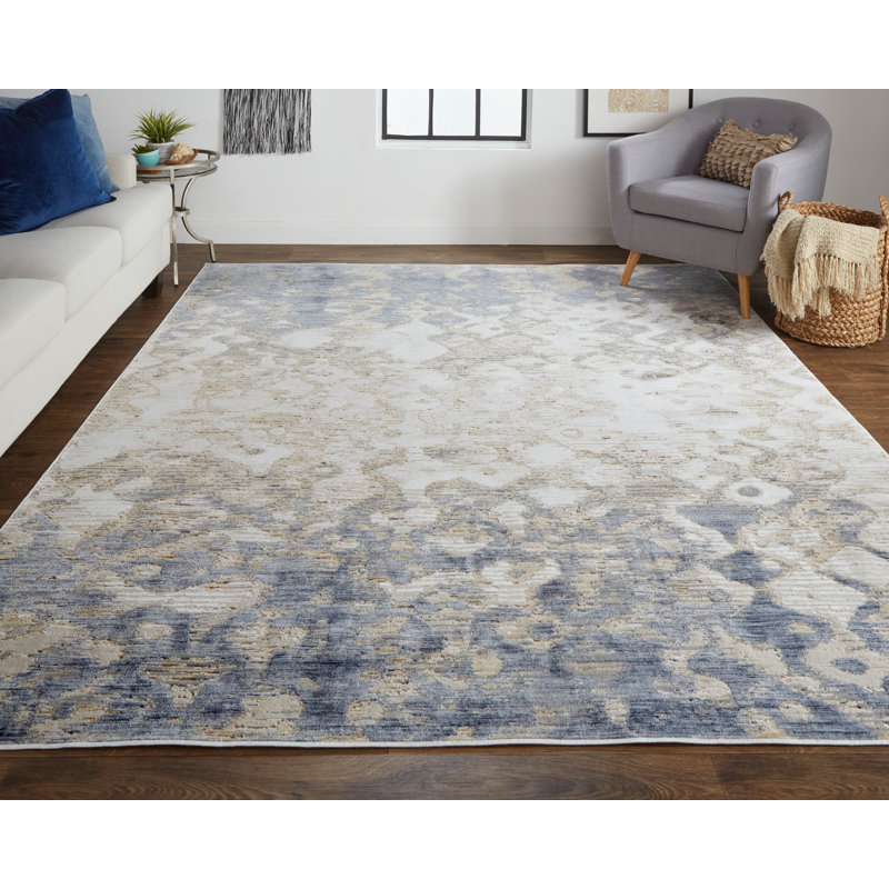 Tapis aquarelle contemporain Corben, ivoire / bleu / gris argenté, 7 pi 10 po x 9 pi 6 po, Rectangle 4 pi x 6 pi
