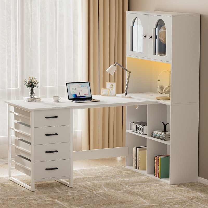 White Computer Desk With Tall Bookshelf, L Shaped Desk With Drawers & LED Lights Power Outlets,Corner Desk With File Cabinet,Home Office Gaming Desk,52''X31.5''X'63''