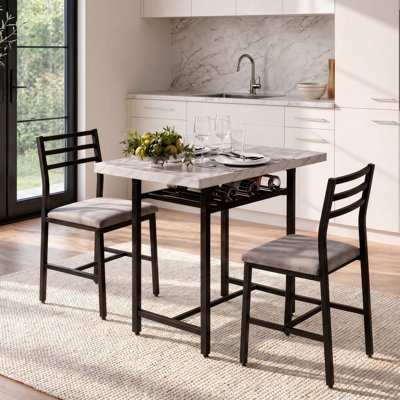 Ensemble de table de salle à manger 3 pièces avec plateau en faux marbre, rangement sous la table et chaises rembourrées pour les petits espaces, ensemble de salle à manger minimaliste pour la cuisine, le bar et le patio