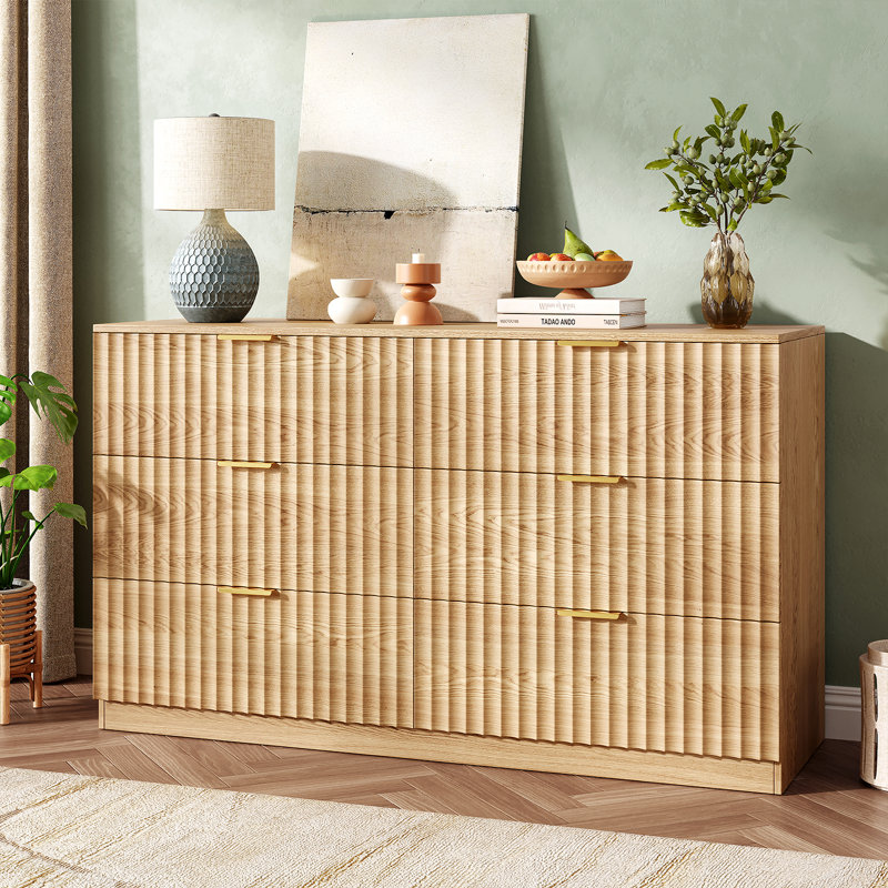 Commode 6 tiroirs cannelée en bois, Brun