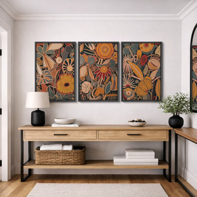Abstract Botanical "Bohemian Orange Brown Floral Artwork, Unique Vintage Classy Living Room Wall Pictures, Framed Canvas Giclée Print 3 Pieces Wall Art" 16"x24"x3 pcs, 24"x36"x3 pcs, 20"x60"x3 pcs