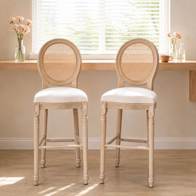 Ensemble de tabourets de bar hauts avec dossier rembourré en rotin, fil métallique et artisanat sculpté pour la cuisine, la salle à manger et le salon, beige