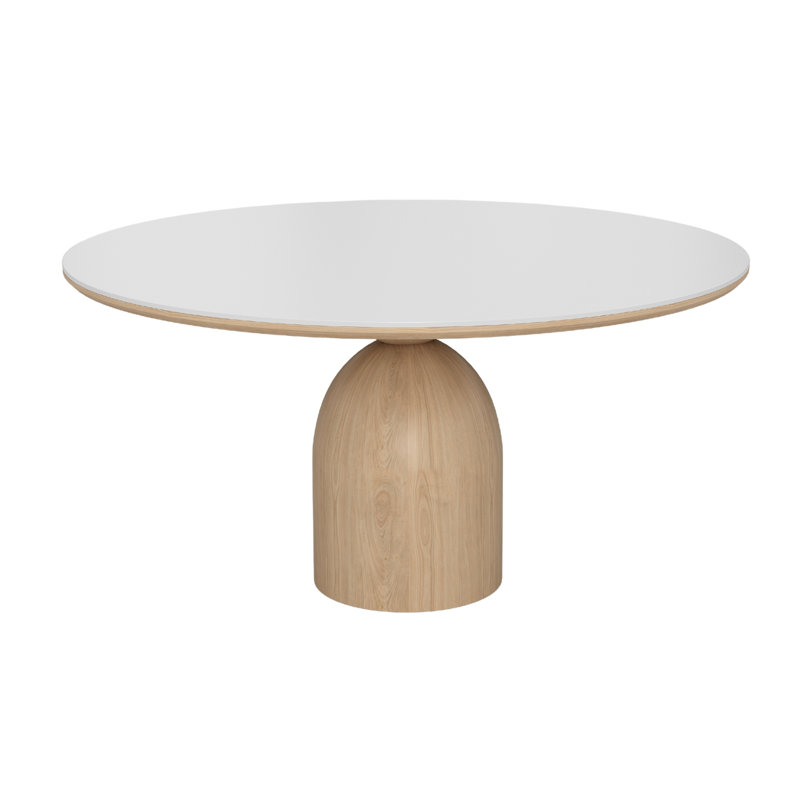 Table de salle à manger ronde Corentin avec base en chêne blanc et plateau en céramique blanche., H 30 po x L 53 po x l 53 po