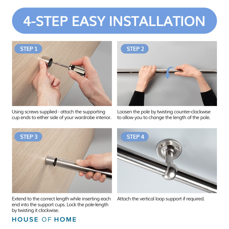 Celestyn Extendable Wardrobe Pole Adjustable 60 to 103cm Rail Hanger Steel Heavy Duty Easy Assemble, 103"W