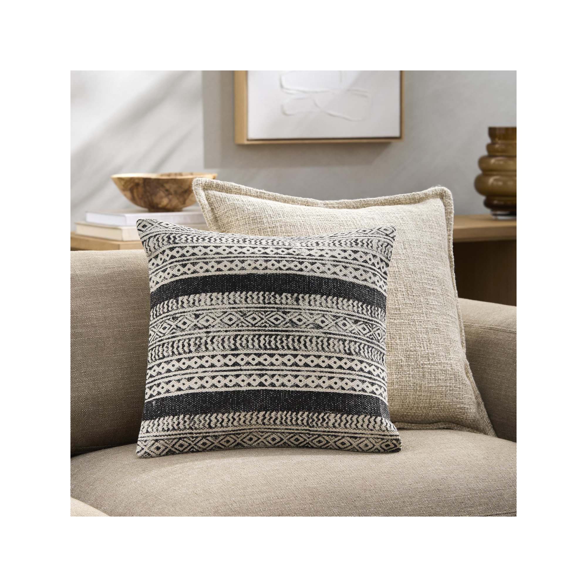 Zetta Geometric Cotton Throw Pillow, Beige/Black, Polyester/Polyfill, 18" x 18"