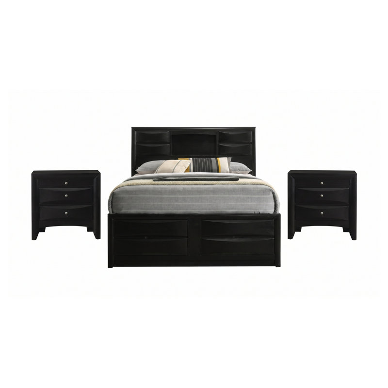Ensemble de chambre à coucher Seraphina Queen 3 pièces avec lit de rangement et tables de chevet, en bois d'hévéa noir