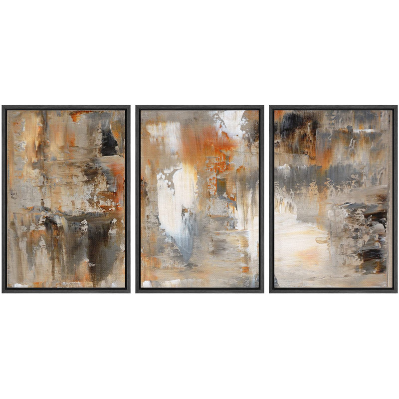 «Black, White and Orange Brushstrokes Abstract Shapes Chic Ultra on Canvas», reproduction de 3 pièces, H 36 po x l 72 po