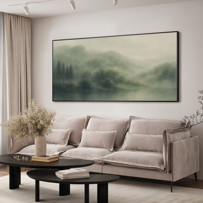 Misty Forest Hills and Lake Morning Landscape – Extra Large Framed Fabric Print Wall Art (Frame Assembly Required)