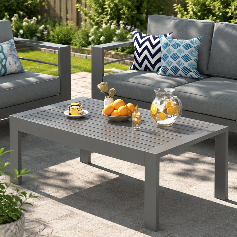 Table basse de patio en métal résistant aux intempéries avec texture grain de bois pour une utilisation extérieure dans le jardin, sur une terrasse ou un balcon.