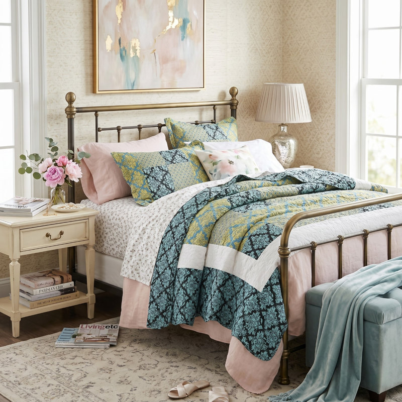 Damask Reversible Lightweight Bedspread Quilt Set, Queen