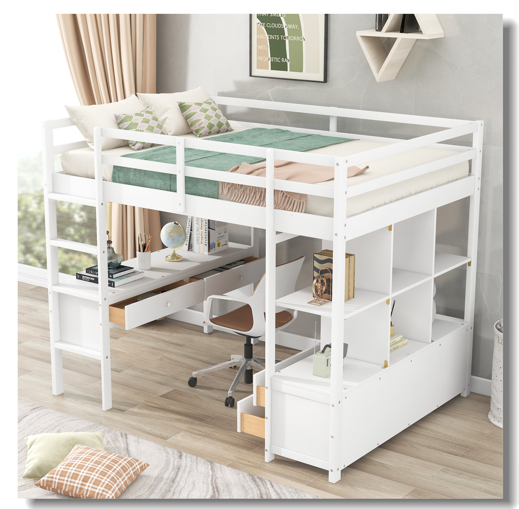 Harriet Bee Loft Bed With Built-In Desk With Two Drawers, And Storage ...