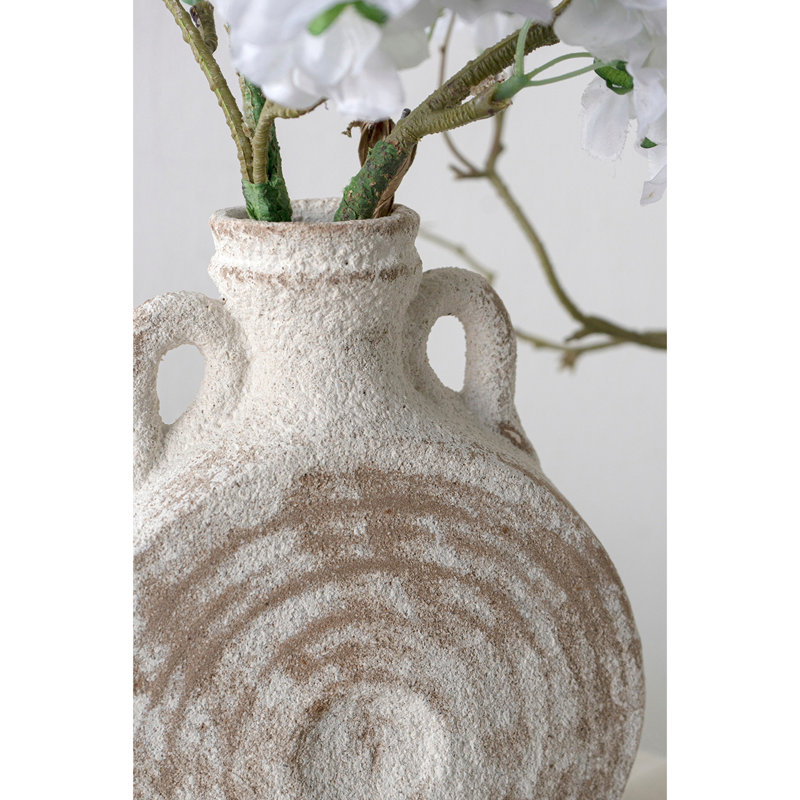 Vase rond en céramique 7,3 x 3,1 x 9,1 po avec finition blanche usée et brune