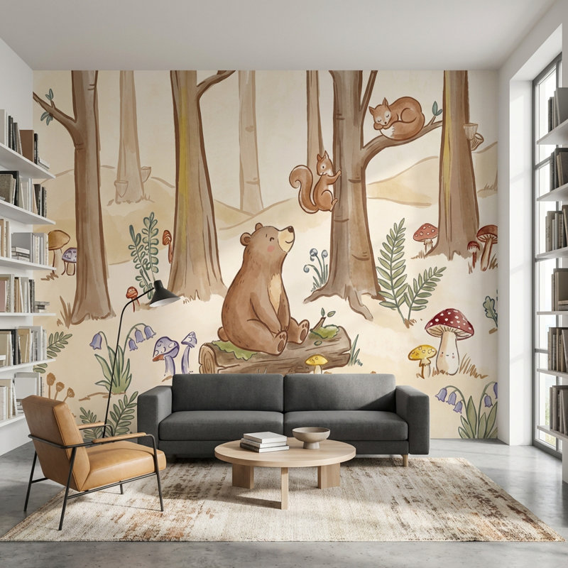 Murale écureuil d'ornement forêt fantaisiste, Non tissé non collé, 200 po x 120 po