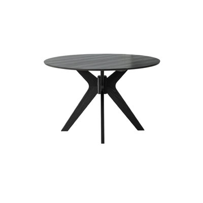 5-Piece Dining Table Set, A Solid Wood Kitchen Table with Round Top & Sculpted Splayed Legs, 4 Faux Leather Dining Chairs, Geometric Back, Ebony Black