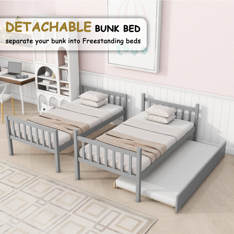 Twin Over Twin Solid Wood Bunk Bed With Trundle&Ladder, Convertible Into Twin Size Beds, Gray