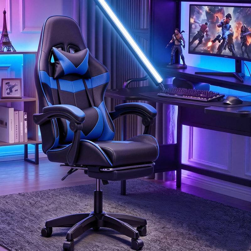 Fauteuil de jeu ergonomique en polyuréthane bicolore noir avec repose-pieds rétractable