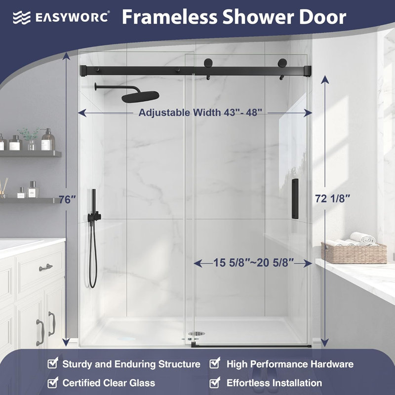 43"-48" W x 76" H Single Sliding Frameless Shower Door in Matte Black with 1/4" (6mm) Clear Tempered Glass, Matte Black