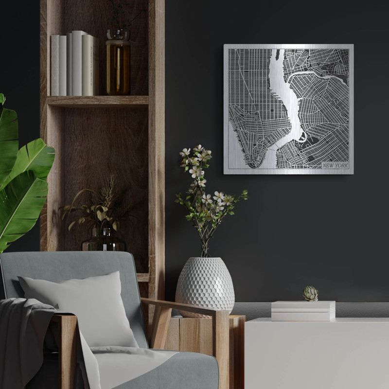 Art mural en métal «New York Map Black» par Laura Marshall, H 24 po x l 24 po