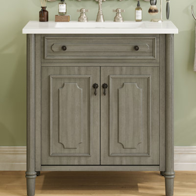 Meuble-lavabo rétro de 31 pouces avec lavabo rectangulaire, tablettes réglables et pieds cylindriques rainurés en gris antique, armoire spacieuse, installation facile, bois massif