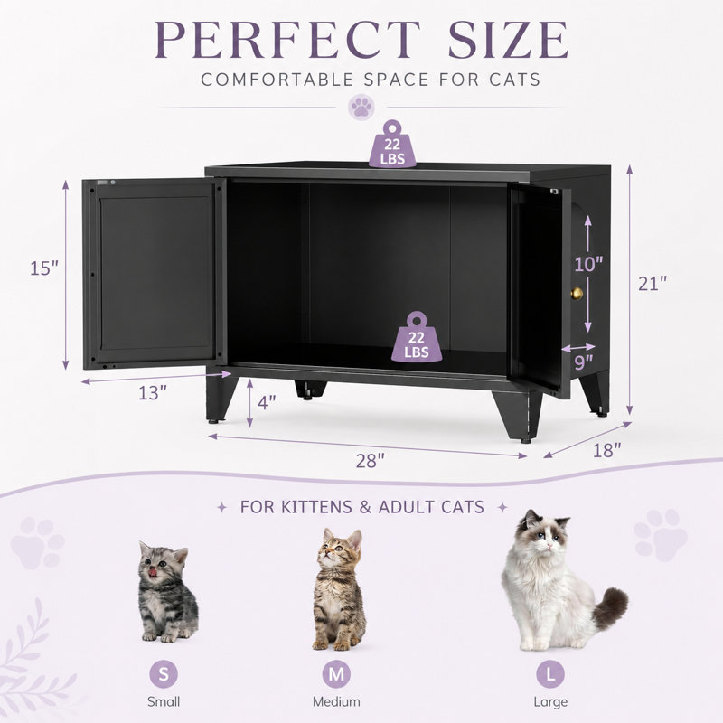 Enceinte de litière en métal pour chat - Meuble de litière caché pour chat, armoire de toilette pour chat autoportante, armoire à litière pour chat avec entrée latérale, table d'appoint décorative moderne noire pour animal domestique