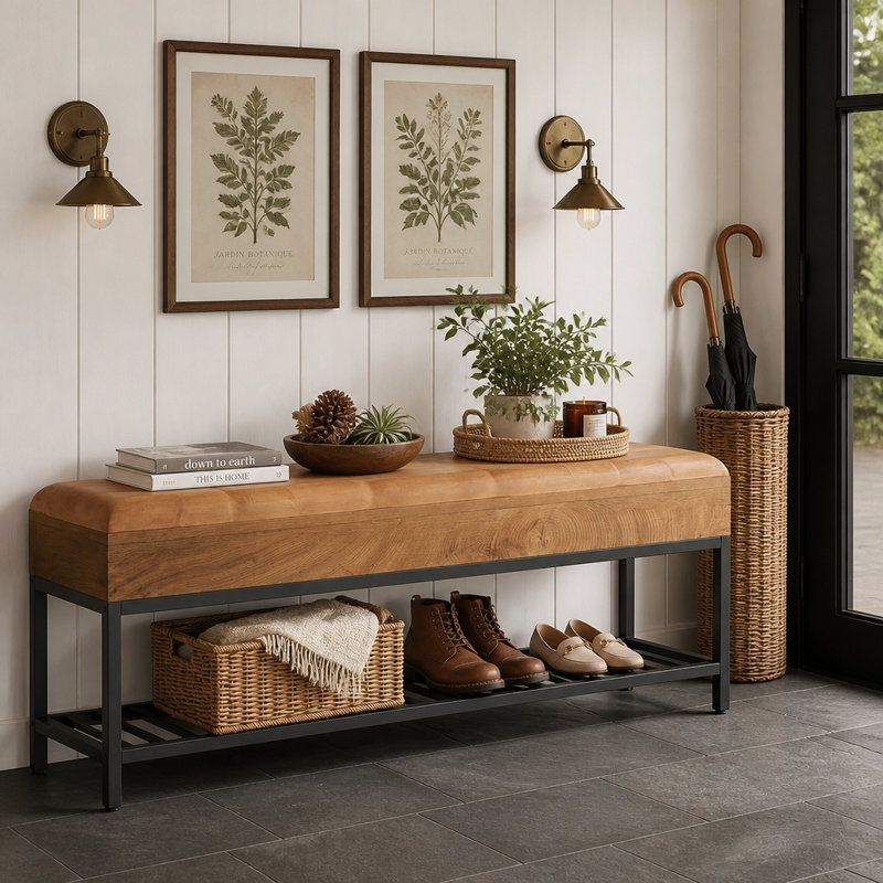 Banc à chaussures 55 po avec coussin, banc d'entrée à 2 niveaux avec structure en métal