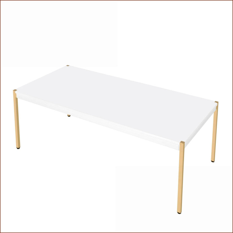 Blanc et blanc Table basse à finition dorée - plateau en bois composite, pieds tubulaires en métal, assemblage facile, dégagement au sol de 16 po