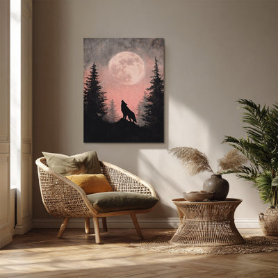 Loup Hurlant dans la forêt de pins sous la pleine lune rose - Art mural sur toile tendue - Décoration de salon, de chambre à coucher ou de bureau
