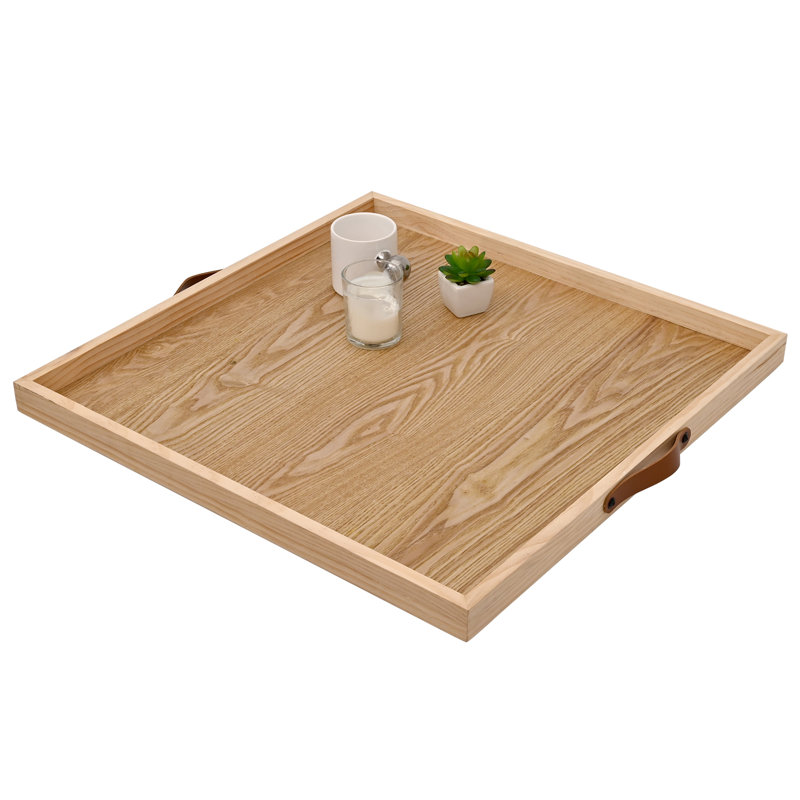 24 X 24 Inches Extra Large Square Wood Ottoman Tray With Leather Handles, Natural
