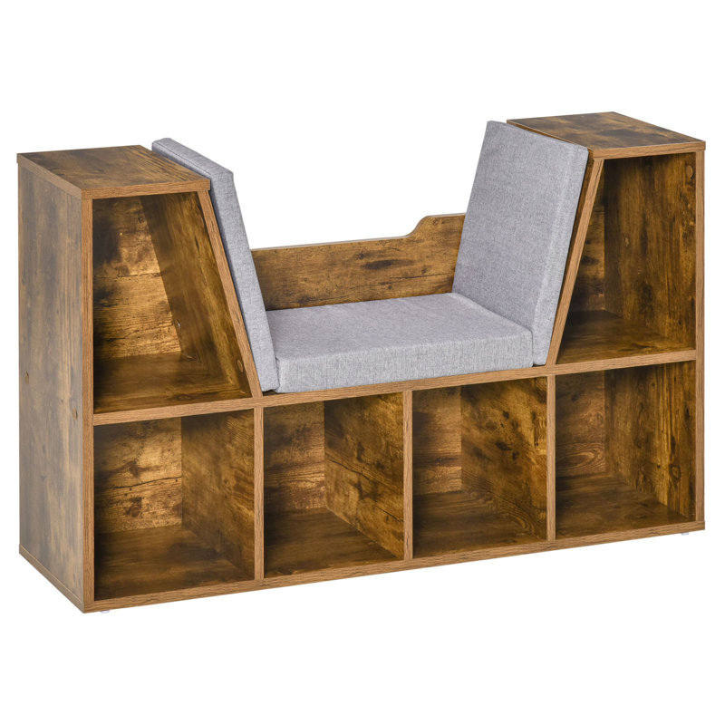 6-Cubby Bookcase Bookshelf with Cushion Reading Nook, Rustic Brown