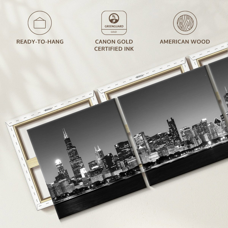 Noir Chicago Skyline, 3 pièces, H 15 po x l 47 po x P 1,25 po