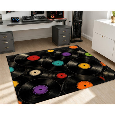 Tapis de sol lavable en machine à motif vinyle rétro avec envers antidérapant, motif musical vintage, décoration intérieure confortable pour salon, chambre, salle de jeux, studio, appartement